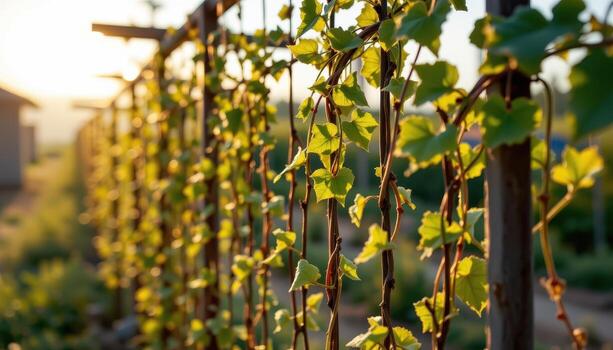 delicate vines hang from a tall trellis, shimmering in the quiet glow of golden daylight. photo