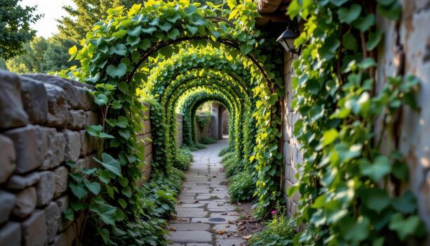fresh green vines surrounding a rustic pathway, softly glowing in quiet morning air. photo