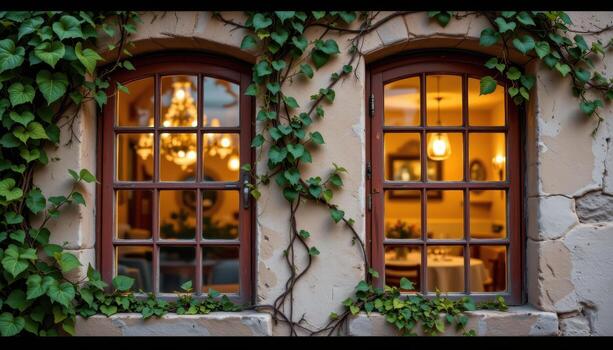 graceful vines cascading over rustic window frames, shimmering in soft golden tones. photo