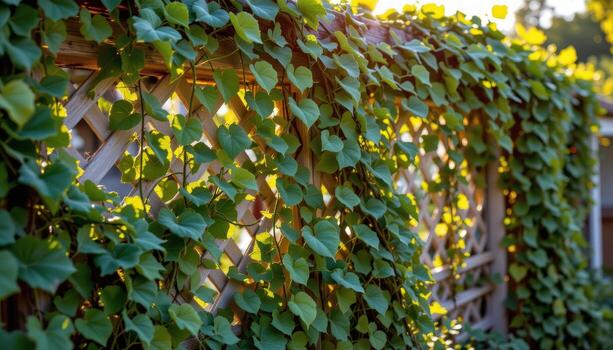 verdant vines draping softly along lattice panels, glowing under warm and quiet morning light. photo