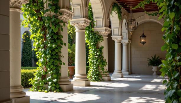 elegant trailing vines wrapping around carved marble columns, bathed in serene daylight. photo