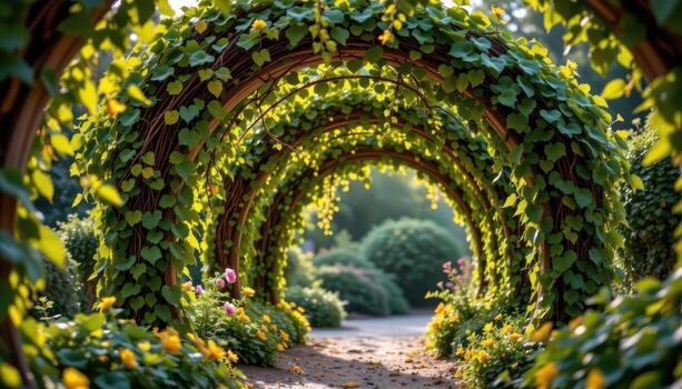 flowing vines draping gracefully from arches, softly glowing in a peaceful natural setting. photo