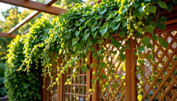 lush vines hanging delicately from lattice panels, shimmering gently under golden beams. photo