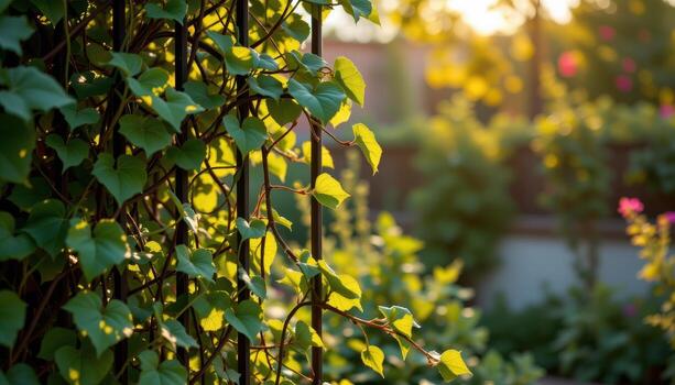 vines twisting delicately around an iron trellis, shimmering gently in golden daylight. photo