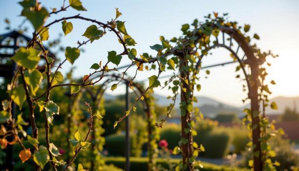 elegant trailing vines twisting delicately along garden trellises, glowing in morning light. photo