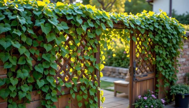 bright green vines draping along lattice gates, glowing softly under the morning glow. photo