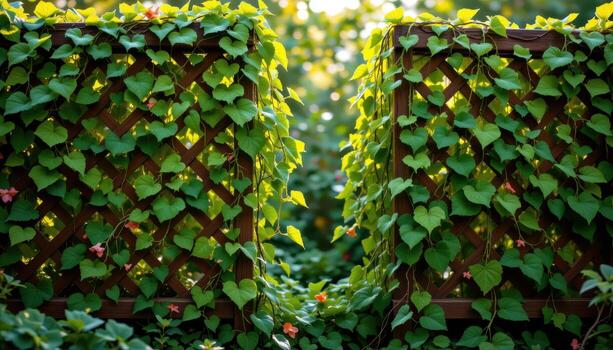 lush vines cascade from wooden lattice frames, glowing faintly in soft natural light. photo