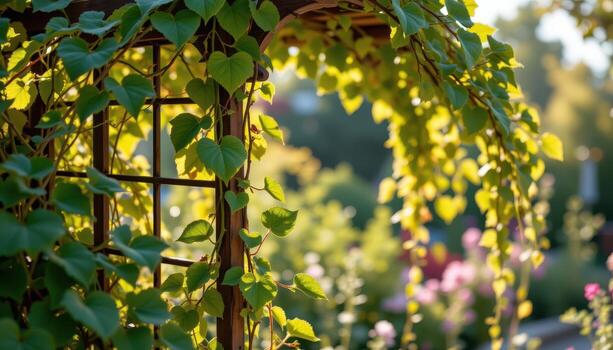 gentle vines curl up an antique trellis, shimmering under the golden glow of natural light. photo