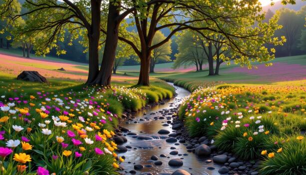 a twisting brook flows beneath tall trees, hugging fields of colorful flowers glowing softly. photo