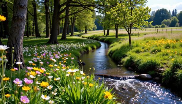 a twisting brook snakes beneath tall trees, weaving gently through bright meadows of flowers. photo