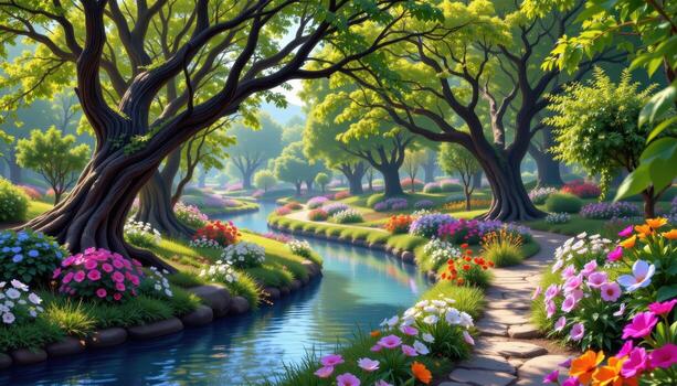 sparkling waters snake between floral paths, hugged by towering trees with lush green branches. photo