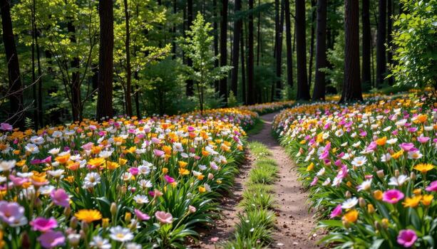 the narrow path hugs a sea of flowers, weaving gently beneath the shade of towering forest trees. photo