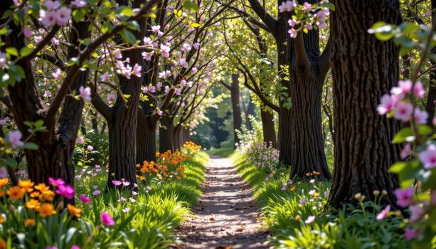 a narrow trail winds between tall trunks, embraced by fragrant blooms and quiet rustling leaves. photo