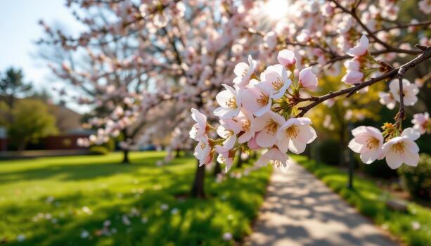 flores brillar en el amable sol, recubrimiento el tranquilo camino con vibrante matices de primavera y verano. foto