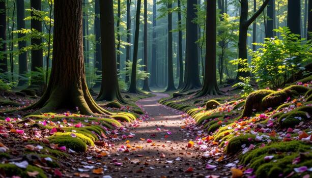 a tranquil trail twists slowly, framed by petals and moss beneath towering ancient forest trees. photo