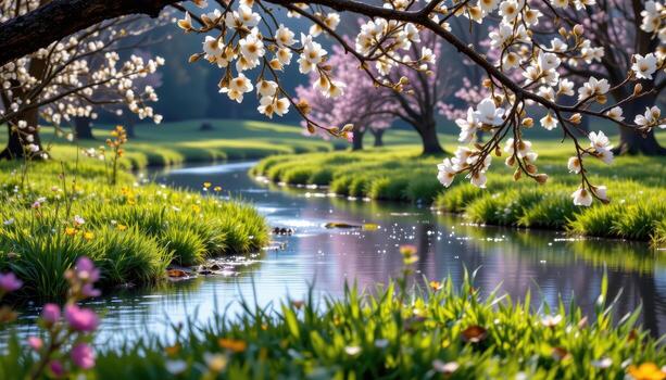 calm waters twist through radiant meadows, shimmering beneath branches heavy with spring flowers. photo