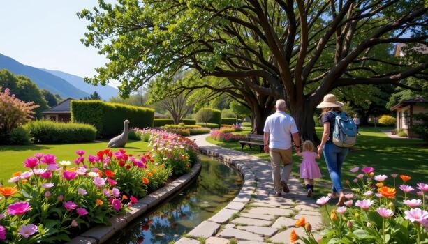 clear water hugs floral lined paths, winding gently under the shade of ancient, leafy trees. photo