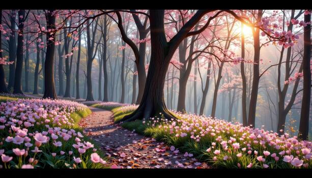 the winding trail bends through tall trees, hugged by petals glowing under the filtered sunlight. photo