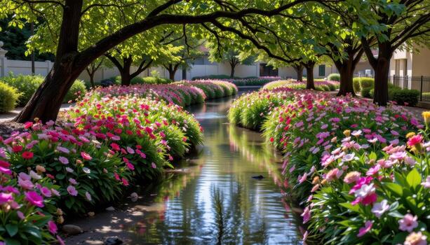 a winding brook flows between floral banks, reflecting light beneath the shade of towering branches. photo