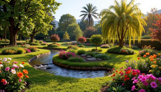 a twisting stream hugs bright gardens, surrounded by lush green trees swaying in silence. photo
