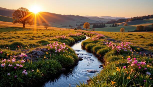 a tranquil stream twists between blooming fields, glowing beneath the warm dawn light of spring. photo
