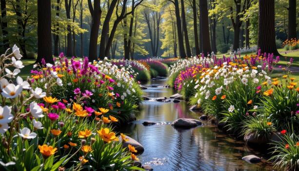 the serene stream meanders softly, hugged by tall trees and wildflowers in full radiant bloom. photo