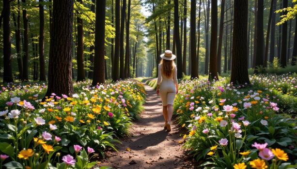 the narrow path meanders through tall trees, hugged by wildflowers glowing beneath the soft daylight. photo