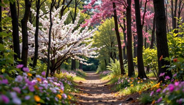 the quiet forest hums with color, blooming trees swaying in peaceful summer air. photo