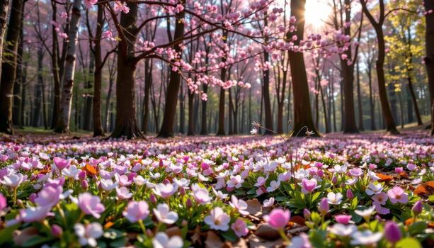 flores cobija el bosque piso, dispersado suavemente desde imponente arboles arriba. foto