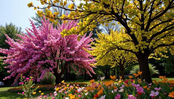 trees bloom wildly, colors exploding in a serene dance beneath the warm sunlight. photo