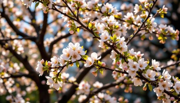 trees bloom with grace, their branches crowned by flowers glowing with warmth. photo