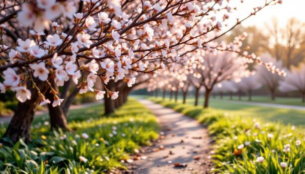 a narrow path curls gracefully, lined with blossoms glowing faintly in the afternoon light. photo