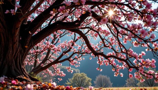 radiant petals adorn every limb, turning ancient trees into living sculptures of color and light. photo