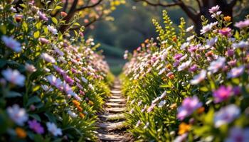 el estrecho sendero brilla suavemente, forrado con flores floreciente en radiante natural armonía. foto