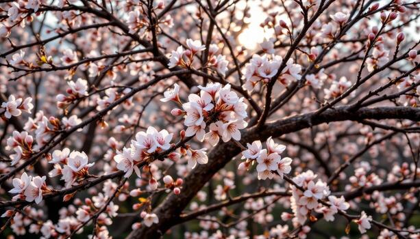blossoms weave intricate patterns along trunks, glowing softly in the still afternoon air. photo