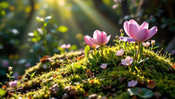 sunlight filters softly through petals, casting delicate hues along mossy roots. photo