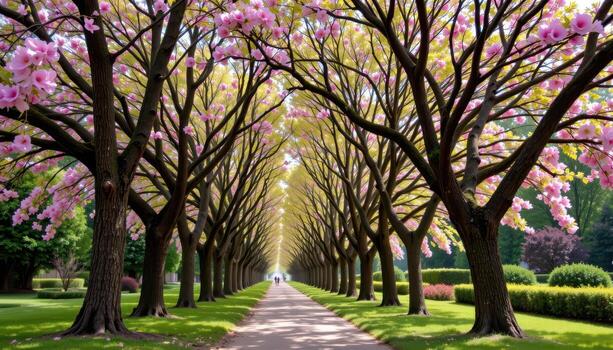 tall trees arch over the path, their floral branches weaving patterns of radiant color. photo