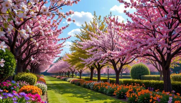radiant colors flow through the grove, blooming trees transforming the air into peaceful art. photo