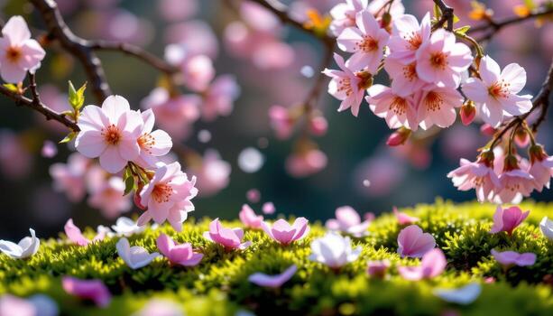 blossoms whisper in the breeze, scattering petals across soft green moss below. photo