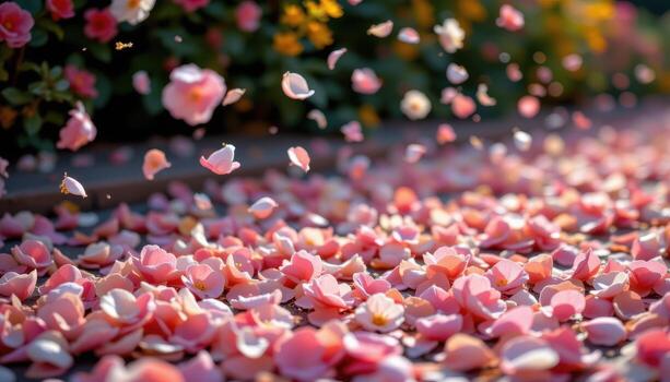 bright petals float gently down, covering the ground in layers of soft floral hues. photo