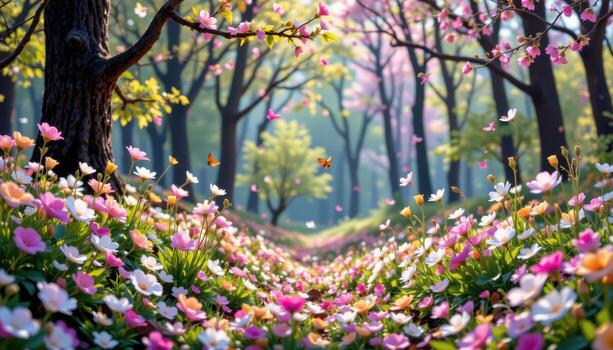 blossoms scatter across the grove, turning the woodland floor into a soft rainbow. photo