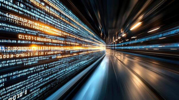 Digital data stream with vibrant blue and orange lights creating sense of speed and technology photo