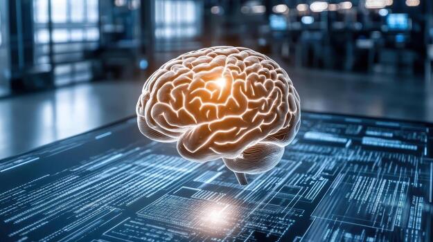 Glowing brain model above digital interface symbolizes advanced cognitive technology and AI photo