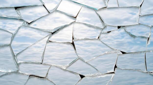 Shattered glass reflects serene sky, creating unique visual contrast photo
