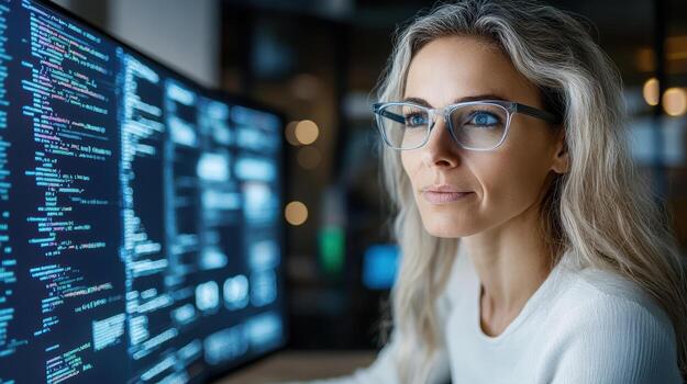 enfocado mujer codificación en computadora pantalla, analizando datos con determinación y claridad foto
