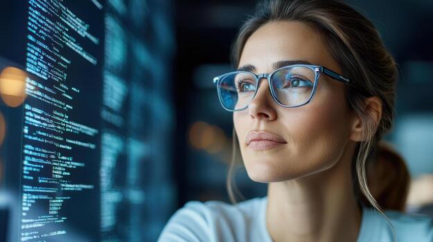 enfocado mujer con lentes analizando datos digital pantalla, exhibiendo tecnología foto