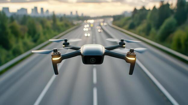 Drone hovers above highway, capturing traffic data with scenic city backdrop photo