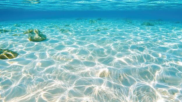 Crystal clear water reflects sunlight, creating mesmerizing patterns on sandy ocean floor photo