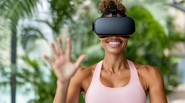 Smiling woman wearing virtual reality headset in lush environment, enjoying immersive experience photo