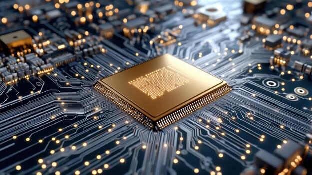 High tech circuit board with central processing unit, showcasing intricate details and glowing photo